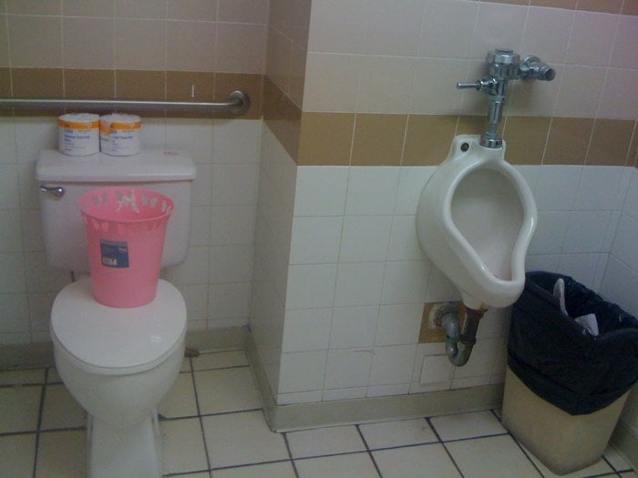 Oh yeah, it's a unisex bathroom. Pink for girls, and a urinal for boys